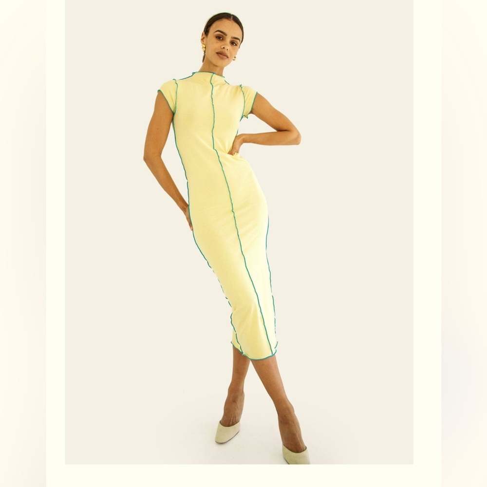The Line by K Mock Neck Yellow Dress with Light Blue Piping NWOT
